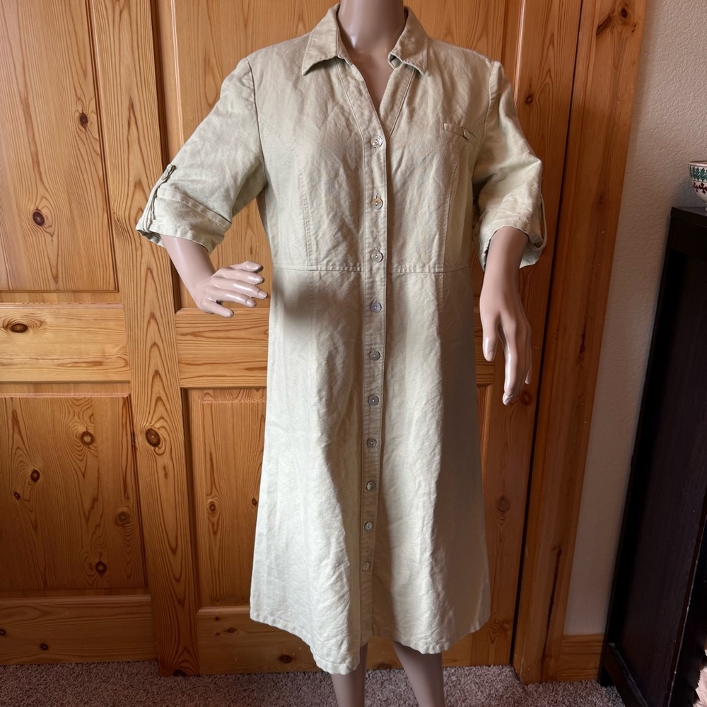 Orvis Linen Cotton Blend Button Up Shirt Dress 10 Khaki Color Career Casual